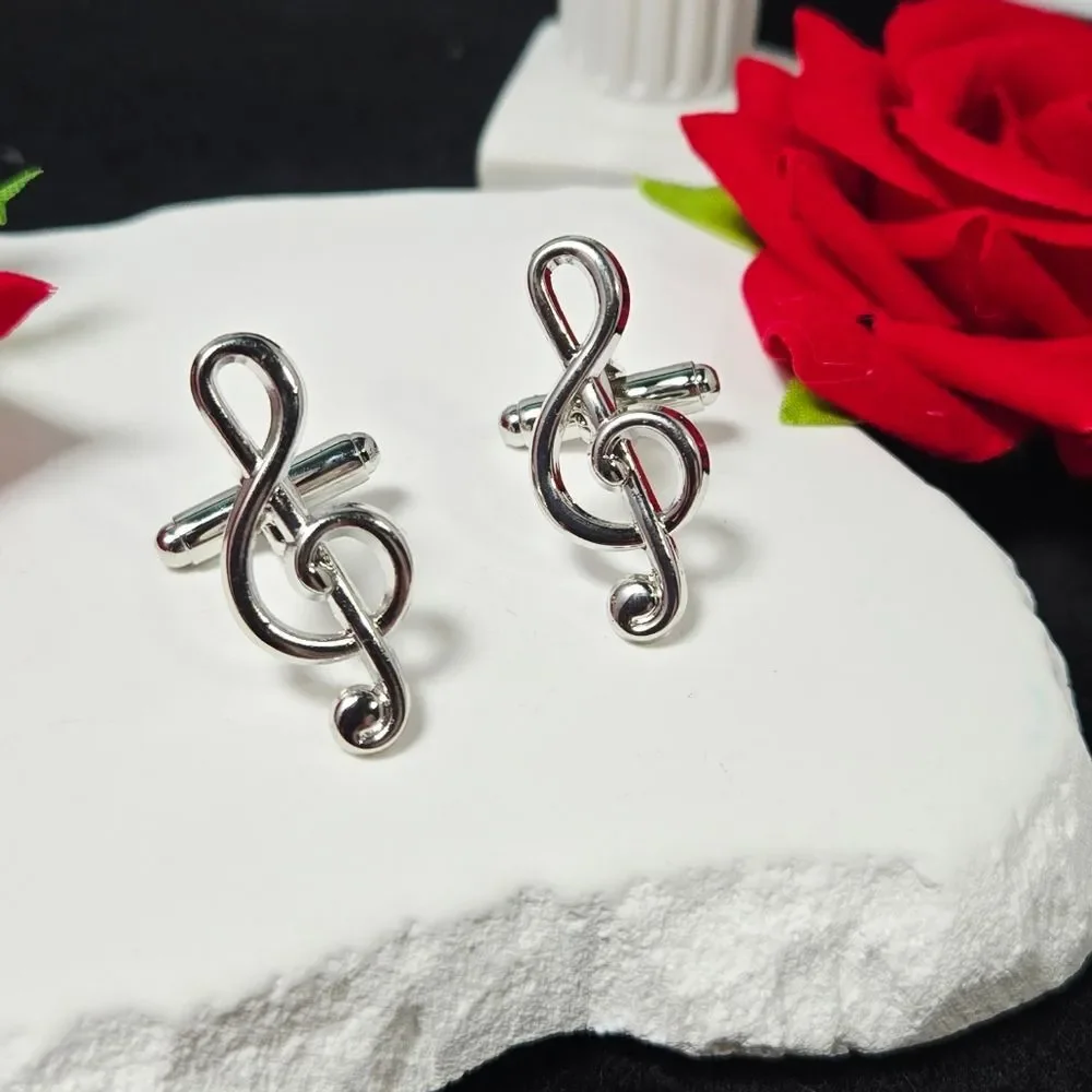 Silver Treble Clef Cufflinks Music Symbol Formal Wedding Gift Professional Wear